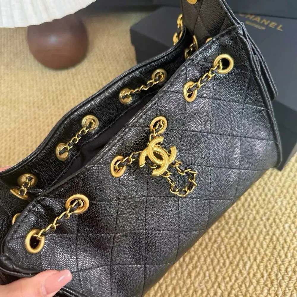 Chanel Black Quilted Leather Shoulder Tote with Gold Chain